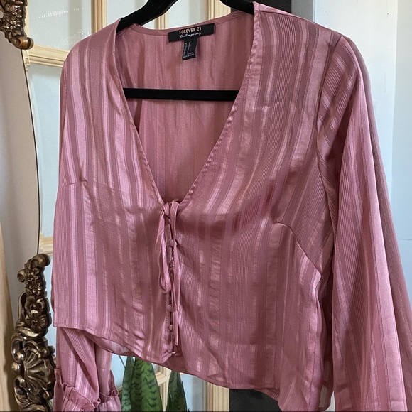 Romantic Dusty Rose Stripe Cottage Core Tie Top - Picture 5 of 7